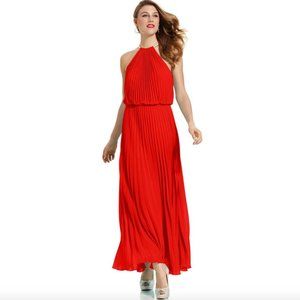 Xscape Red Pleated Halter Chiffon Blouson Dress
